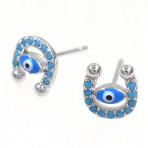 copper evil eye earring studs paved zircon, U-shape, platinum plated, approx 8-8.5mm