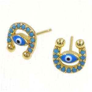 copper evil eye earring studs paved zircon, U-shape, gold plated, approx 8-8.5mm