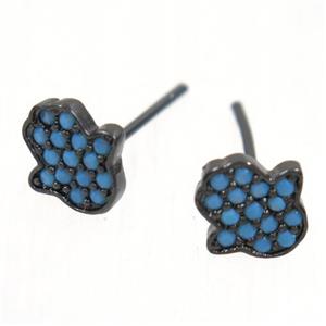 copper hamsahand earring studs paved zircon, black plated, approx 8.5mm