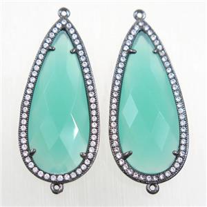 copper teardrop connector paved zircon with green crystal glass, black plated, approx 18-40mm