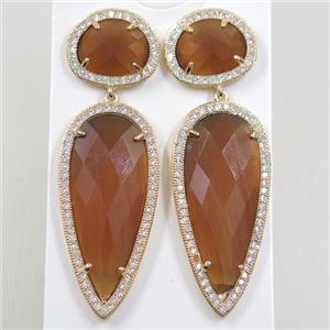 copper earring studs paved zircon with brown crystal glass, gold plated, approx 18-55mm