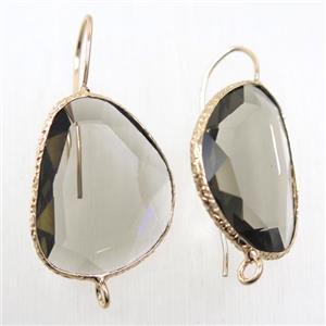 smoky crystal glass earring hook with loop, gold plated, approx 20-25mm