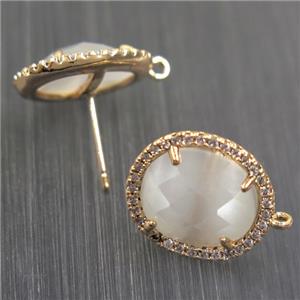 copper earring studs paved zircon with white crystal glass, gold plated, approx 15-17mm