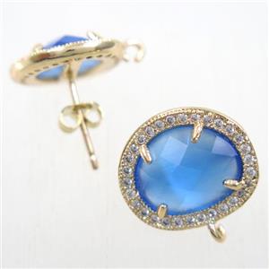 copper earring studs paved zircon with blue crystal glass, gold plated, approx 15-17mm