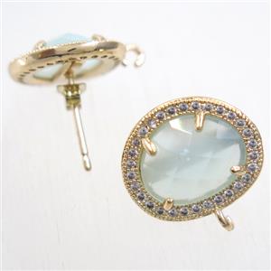 copper earring studs paved zircon with lt.blue crystal glass, gold plated, approx 15-17mm