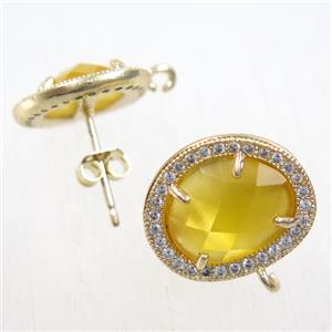 copper earring studs paved zircon with yellow crystal glass, gold plated, approx 15-17mm