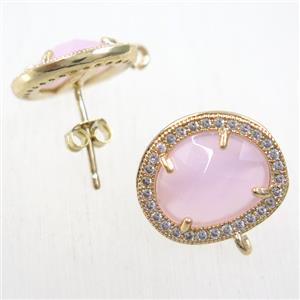 copper earring studs paved zircon with pink crystal glass, gold plated, approx 15-17mm