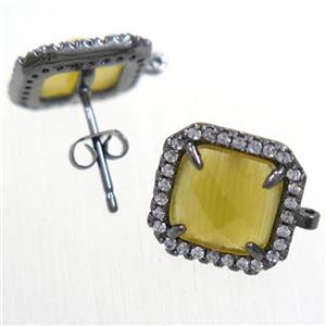 copper square earring studs paved zircon with yellow crystal glass, black plated, approx 13x13mm