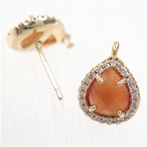 copper teardrop earring studs paved zircon with orange crystal glass, gold plated, approx 10-12mm