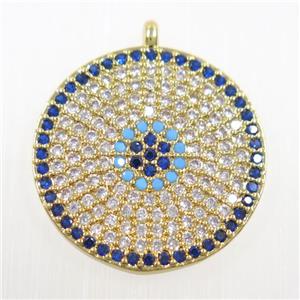 copper button circle pendant paved zircon, gold plated, approx 20mm dia