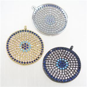 copper button circle pendant paved zircon, mix color, approx 20mm dia