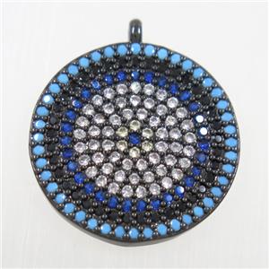copper button circle pendant paved zircon, black plated, approx 19mm dia
