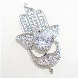 copper HamsaHand connector paved zircon, platinum plated, approx 15-22mm