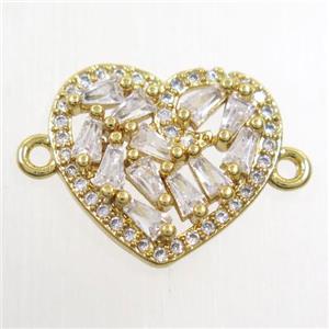 copper connector paved zircon, heart, gold plated, approx 14-16mm