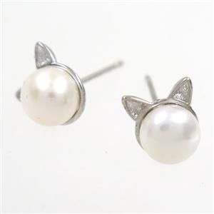 copper earring studs paved zircon, pearl, approx 7mm