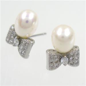 copper earring studs paved zircon, pearl, approx 10-15mm
