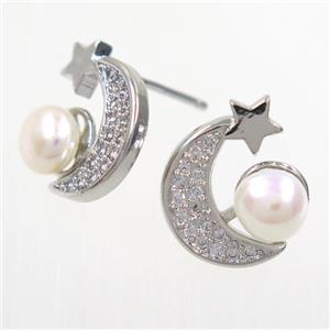 copper earring studs paved zircon, pearl, approx 12-13mm