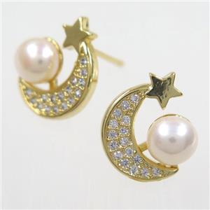 copper earring studs paved zircon, pearl, approx 12-13mm