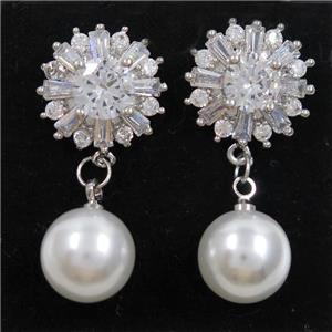 copper earring paved zircon with pearl shell, platinum plated, approx 10mm, 14mm