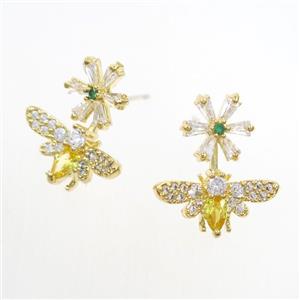 copper honeybee Earring studs paved zircon, gold plated, approx 9mm, 7-15mm