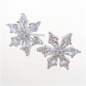 copper snowflake Earring studs paved zircon, platinum plated, approx 17mm dia