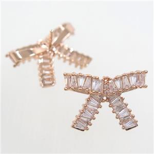 copper Earring studs paved zircon, cancer ribbons, rose gold, approx 16-20mm