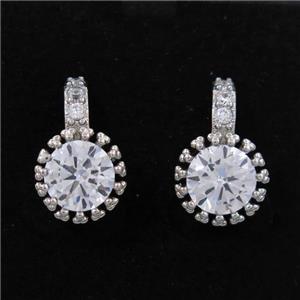 copper earring paved zircon, platinum plated, approx 10mm dia