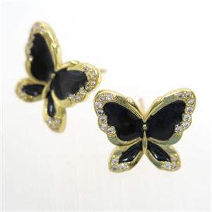 copper butterfly Earring studs paved zircon, enamel, gold plated, approx 15-17mm