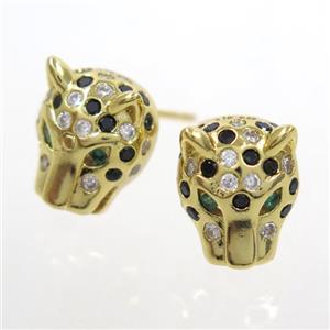 copper leopardhead earring studs paved zircon, gold plated, approx 10-12mm