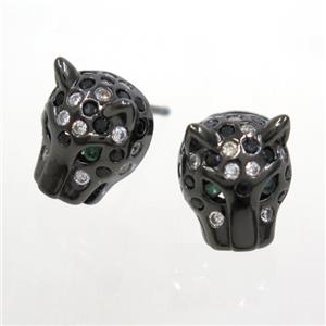 copper pantherhead earring studs paved zircon, black plated, approx 10-12mm