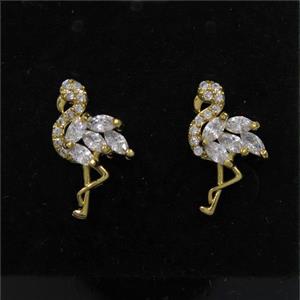 copper crane earring studs paved zircon, gold plated, approx 9-16mm