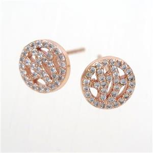 copper earring stud paved zircon, rose gold, approx 9mm dia