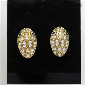 copper snakehead earring studs paved zircon, gold plated, approx 9-15mm
