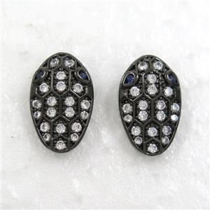 copper snakehead earring studs paved zircon, black plated, approx 9-15mm