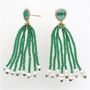 copper earring paved zircon with green crystal glass tassel, approx 10-70mm