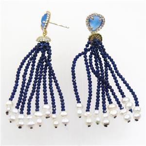 copper earring paved zircon with blue crystal glass tassel, approx 10-70mm