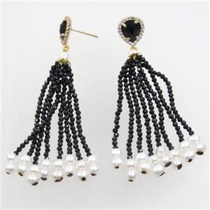 copper earring paved zircon with black crystal glass tassel, approx 10-70mm