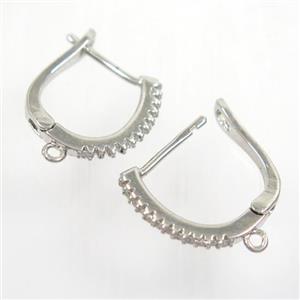 copper Earring hook paved zircon with loop, platinum plated, approx 15-17mm