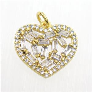 copper heart pendants paved zircon, gold plated, approx 15-17mm