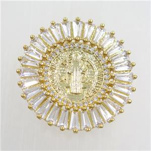 copper jesus pendants paved zircon, gold plated, approx 28mm dia