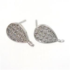 copper teardrop earring paved zircon, platinum plated, approx 6-9mm