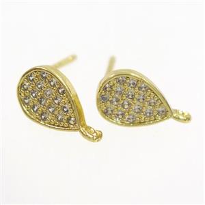 copper teardrop earring paved zircon, gold plated, approx 6-9mm