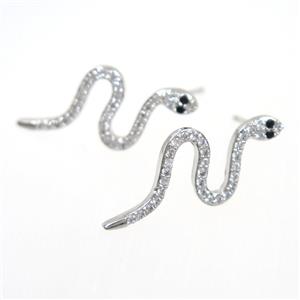 copper snake earring paved zircon, platinum plated, approx 11-25mm