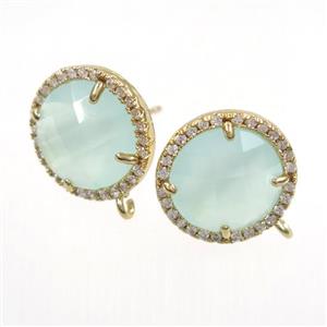 copper earring paved zircon with lt.green glass crystal, approx 15mm dia