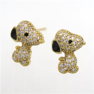 copper dog earring studs paved zircon, gold plated, approx 10-12mm