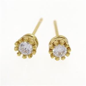 copper earring studs paved zircon, gold plated, approx 5.5mm dia