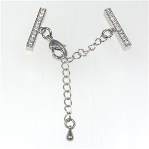 copper necklace linker paved zircon with chain end, platinum plated, approx 19-50mm
