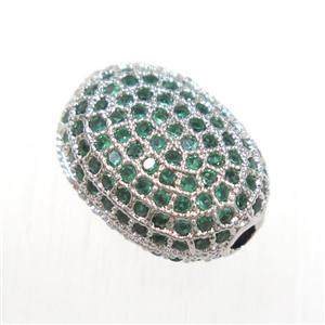 copper oval beads paved green zircon, platinum plated, approx 9-13mm