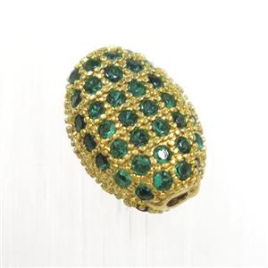 copper oval beads paved green zircon, gold plated, approx 7-10mm