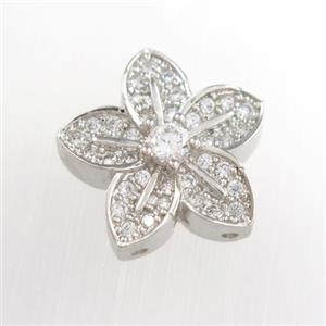 copper flower beads paved zircon, platinum plated, approx 16mm dia